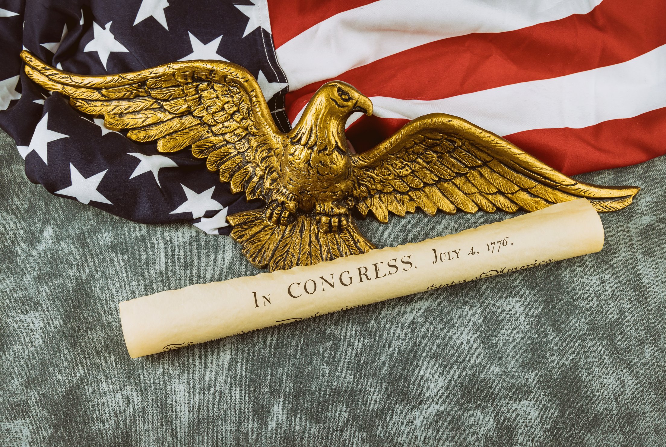 Detail Document Vintage Parchment of American Constitution the United States Declaration of Independence 4Th July 1776 in American Bald Eagle